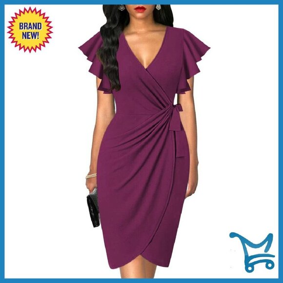 Dresses & Skirts - Faux Wrap Dress Deep V Neck Ruffle Sleeve Sheath Cocktail Party Work